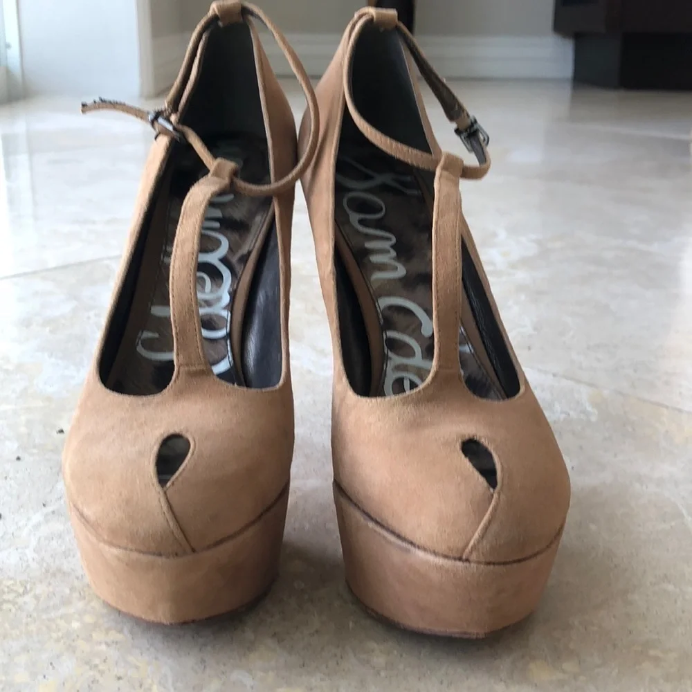 Sam Edelman Ankle T-Strap Pumps -Camel Suede - 8.5